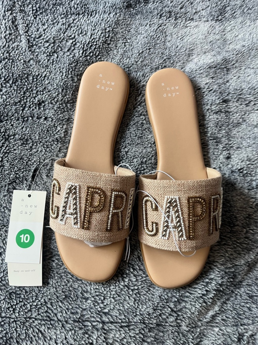 A New Day Beige Embellished 'CAPRI' Woven Slide Sandals